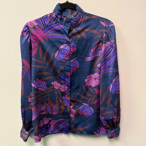 Pierre Cardin Boutique 70s Vintage Floral Silk Satin Retro Blouse High Neck Sz M